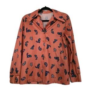 Vintage 70s Paisley Print Button Up Blouse Womens L Orange Retro Hippie Groovy